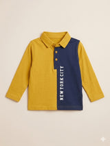 Boys Mustard & Blue Color Block Polo T-Shirt – Casual Cotton Long Sleeve Top