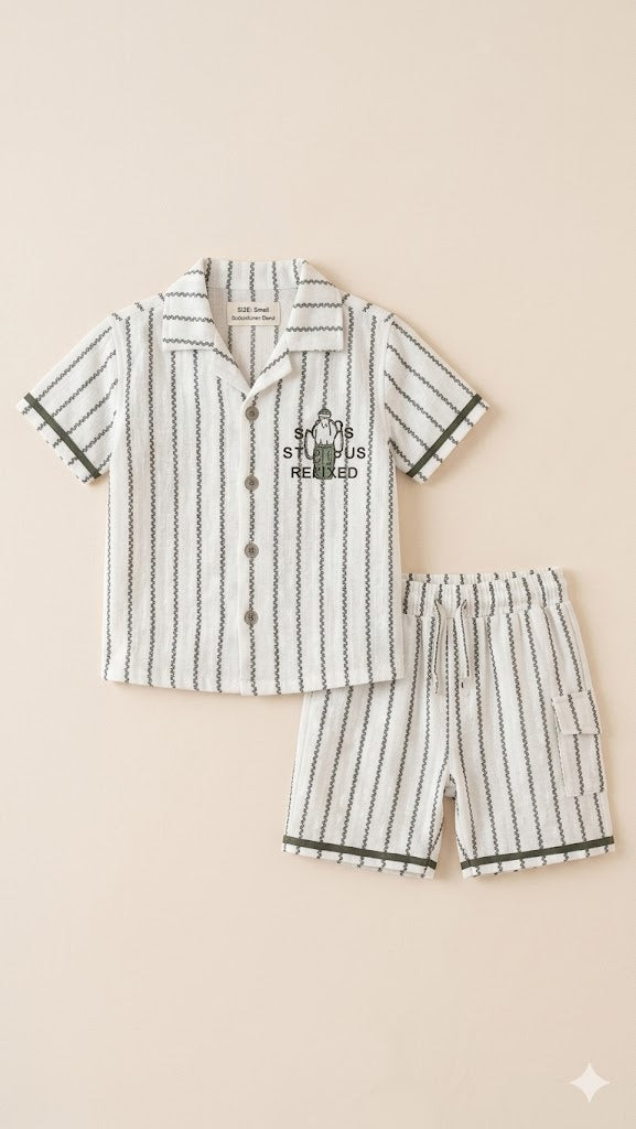 Boys Striped Summer Co-Ord Set – Cotton Shirt & Shorts Outfit (White & Black)