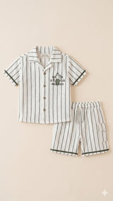 Boys Striped Summer Co-Ord Set – Cotton Shirt & Shorts Outfit (White & Black)