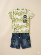 Boys Yellow Graphic T-Shirt & Denim Shorts Set – Casual Cotton Summer Outfit