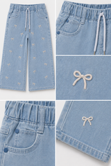 Girls Light Blue Bow Embroidered Wide Leg Jeans
