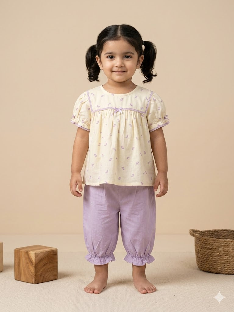 Girls Embroidered Peplum Top & Lavender Pants Set – 2-Piece Outfit