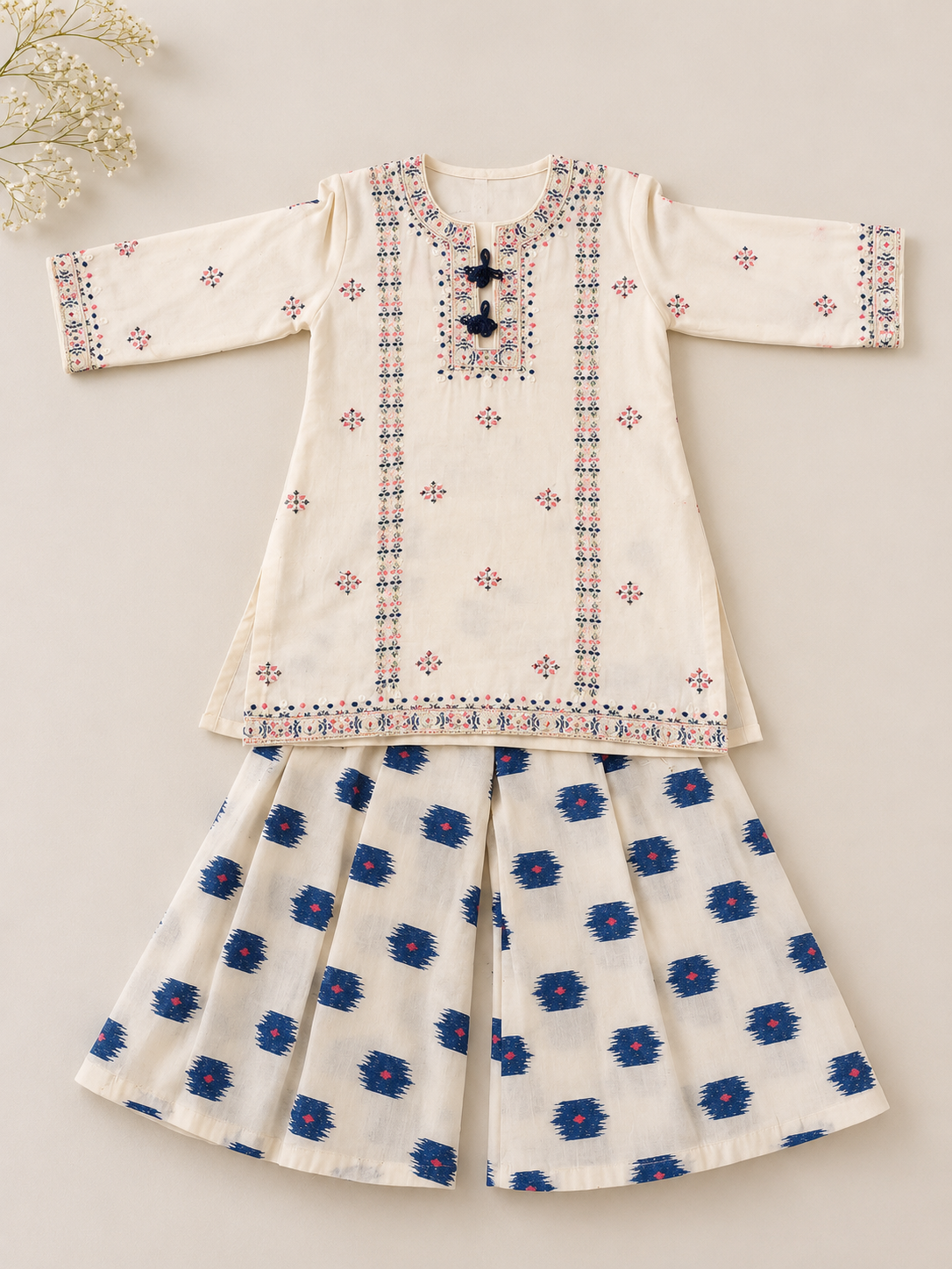 Girls Off-White Embroidered Kurti Palazzo Set