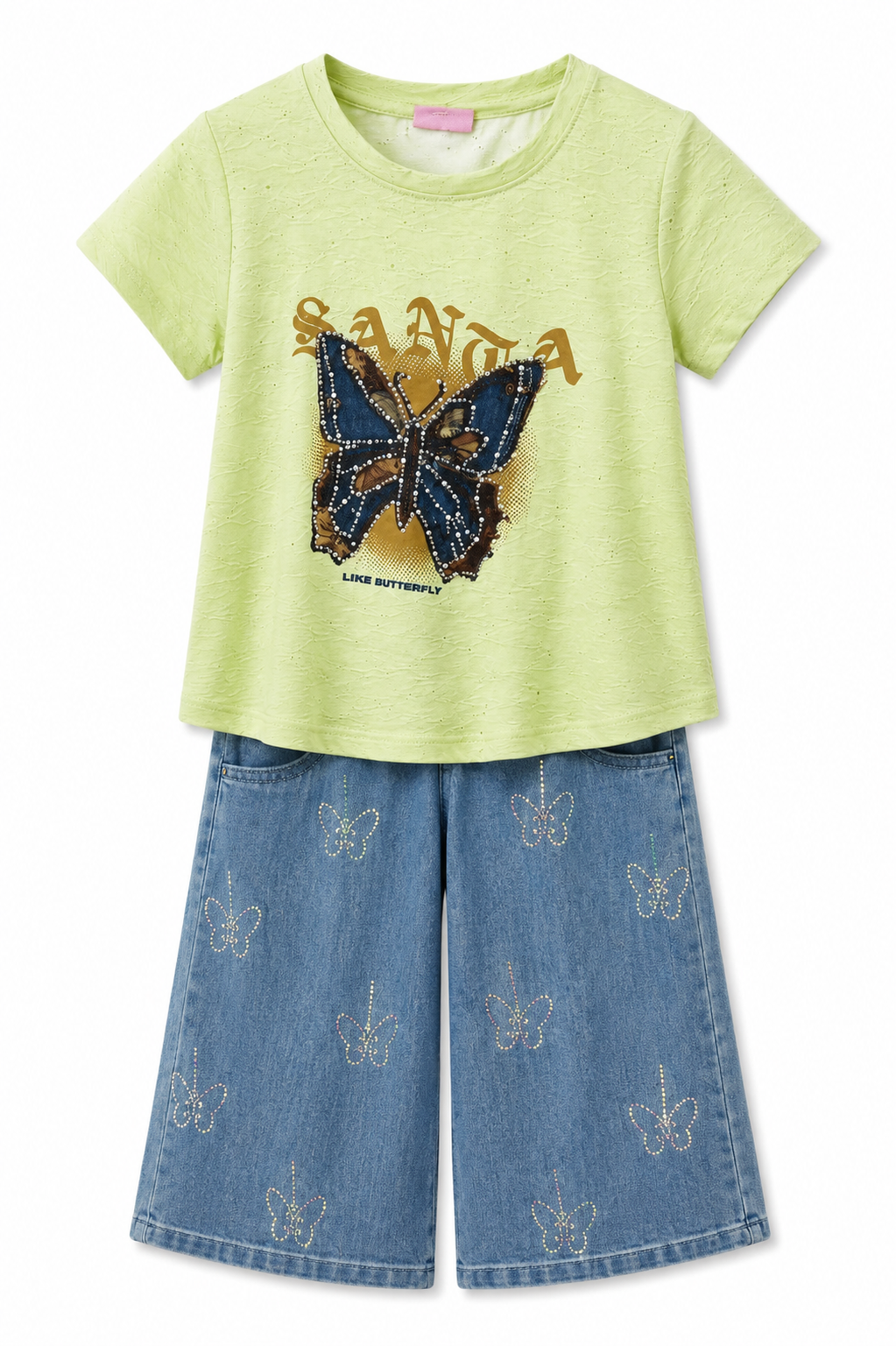 Girls Butterfly Graphic Co-ord Set – Printed T-Shirt & Denim Culotte Pants