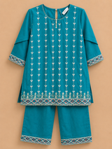 Girls Teal Embroidered 2 Piece Suit Set – Traditional Ethnic Festive Wear for Kids