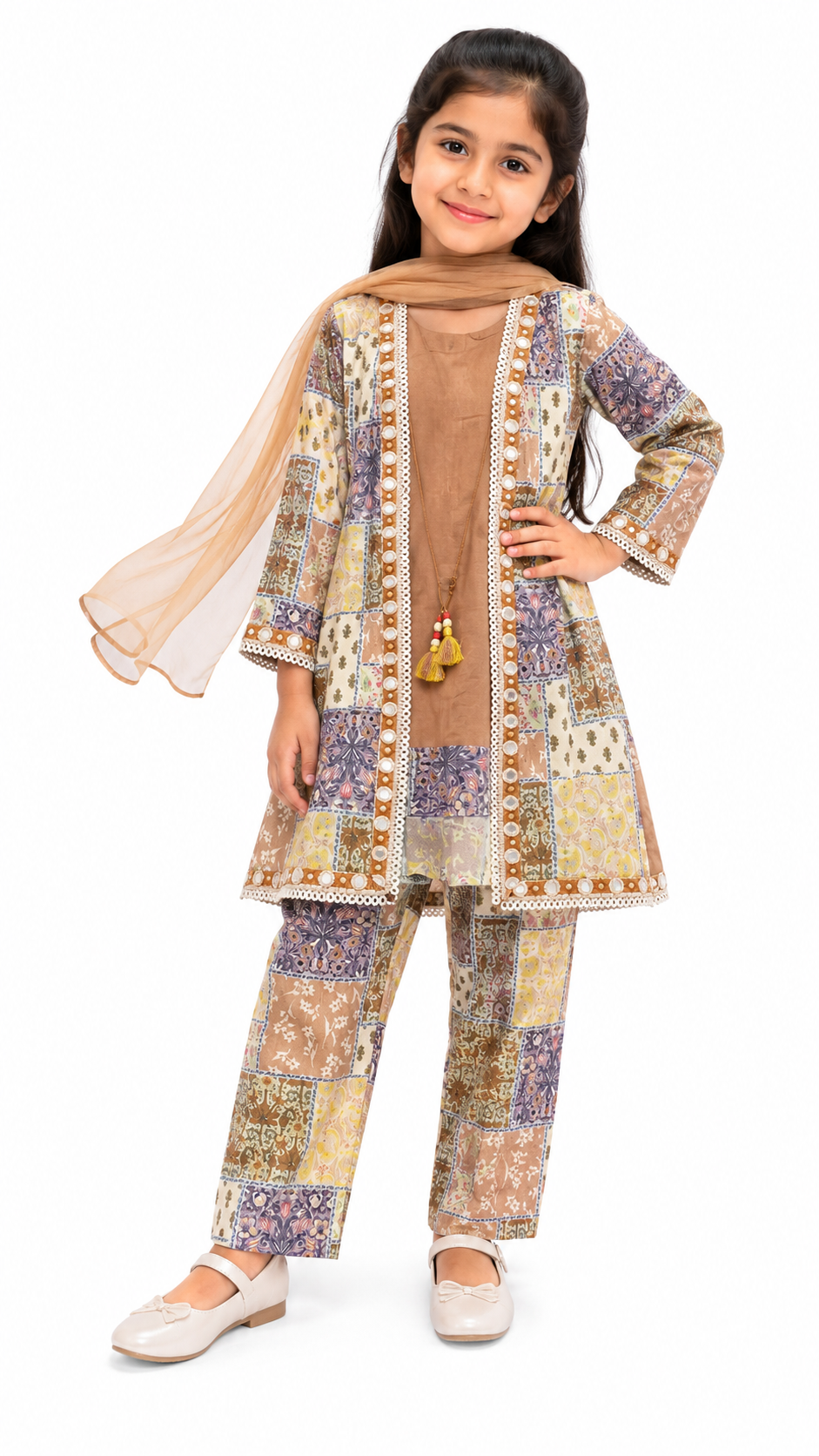 Girls Printed 3-Piece Ethnic Suit with Dupatta