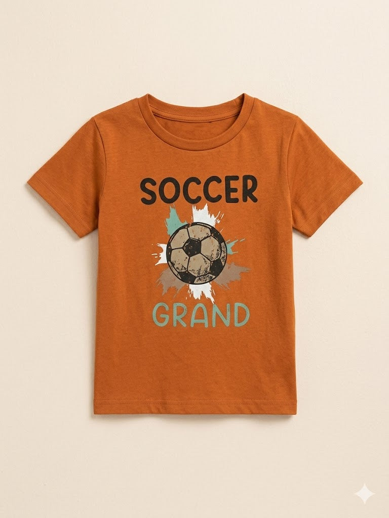 Boys Orange “Soccer” Graphic T-Shirt – Casual Cotton Short Sleeve Top
