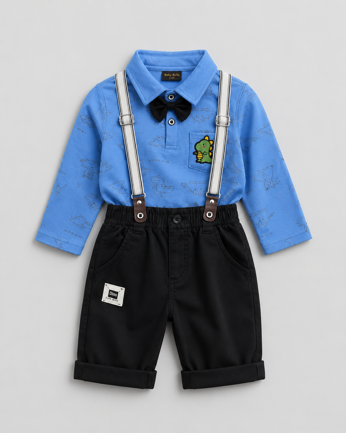 Boys Dino Formal Suspender Outfit – Full Sleeve Shirt, Bow Tie & Pants 4 Piece Set
