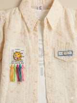 Girls Cream Embellished Puff Sleeve Shirt with Inner Tee Set