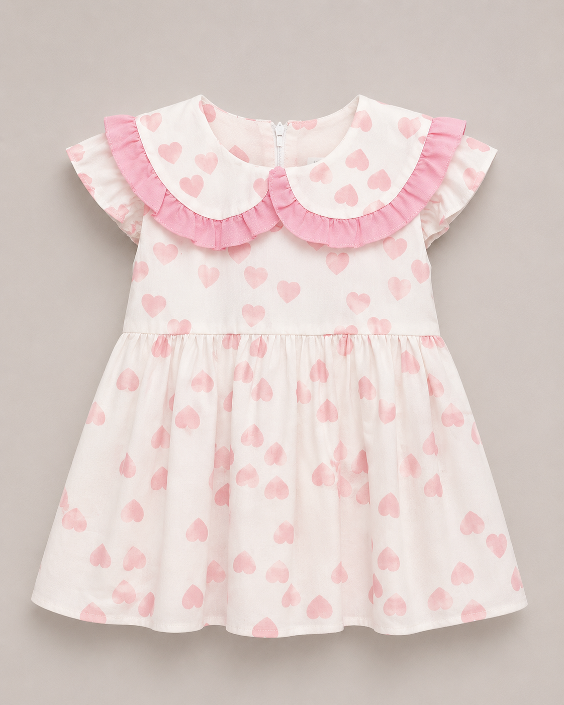 Girls Pink Heart Print Frill Collar Dress – Cute Party Summer Frock