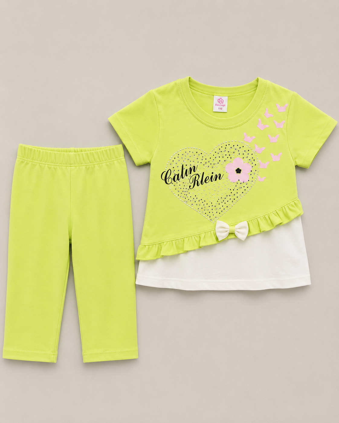 Girls Lime Green Heart Print 2 Piece Suit – Cute Summer Kids Outfit