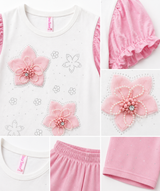 Girls Pink Floral Summer Co-ord Set – Puff Sleeve Top & Shorts