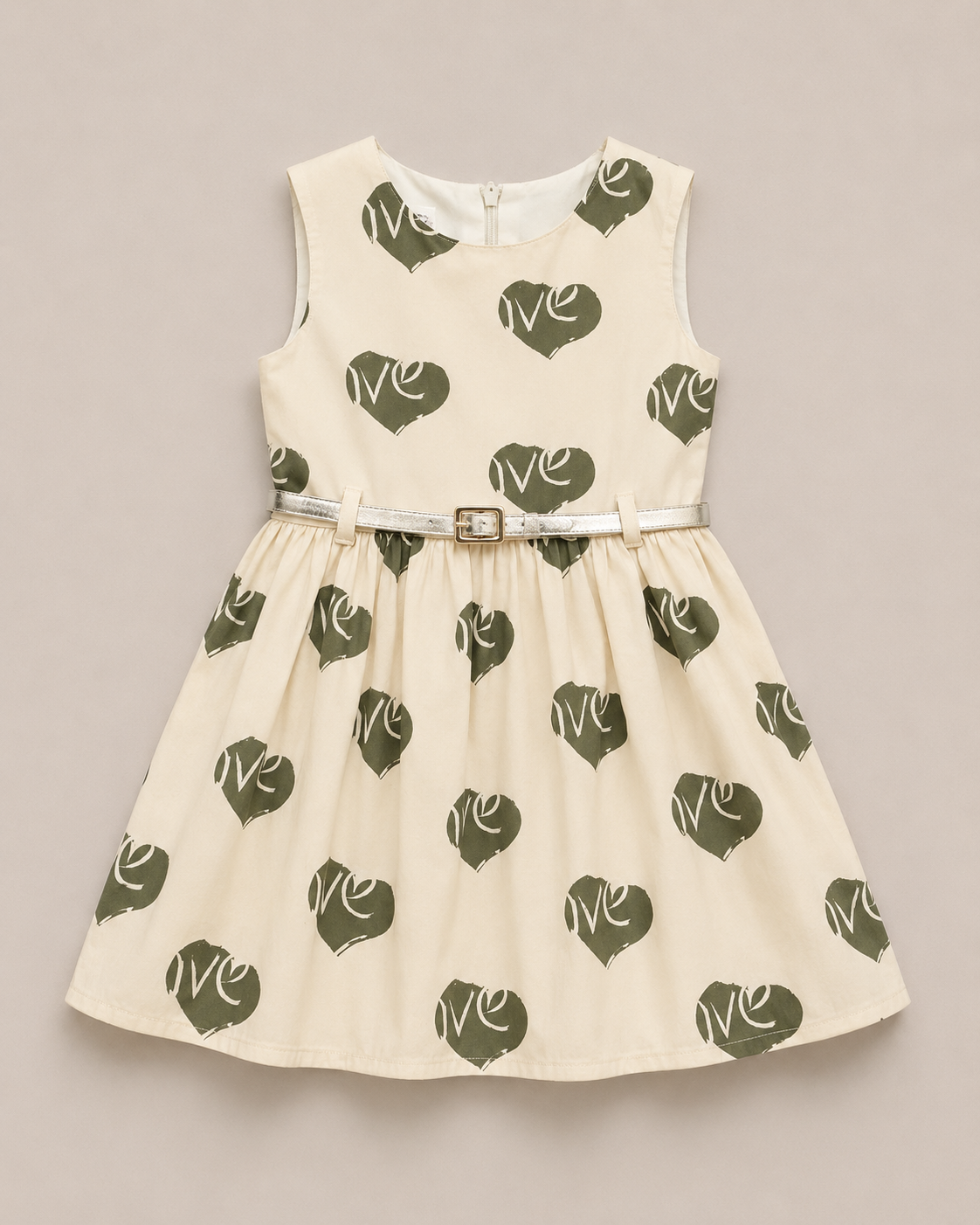 Girls Heart Print Sleeveless Dress – Elegant Belted Party Frock