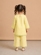 Girls Lemon Yellow Embroidered Kurti Trouser Set – Elegant Kids Ethnic Wear