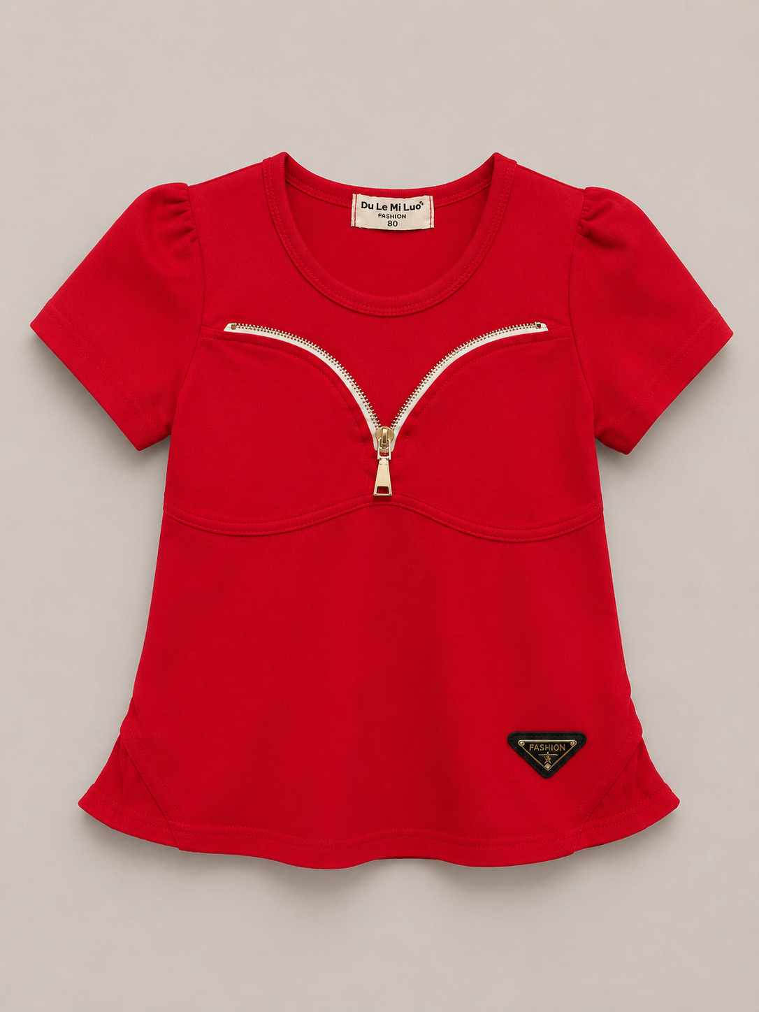 Girls Red Fashion Zipper Top – Stylish Casual Kids T-Shirt