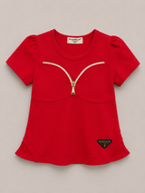 Girls Red Fashion Zipper Top – Stylish Casual Kids T-Shirt