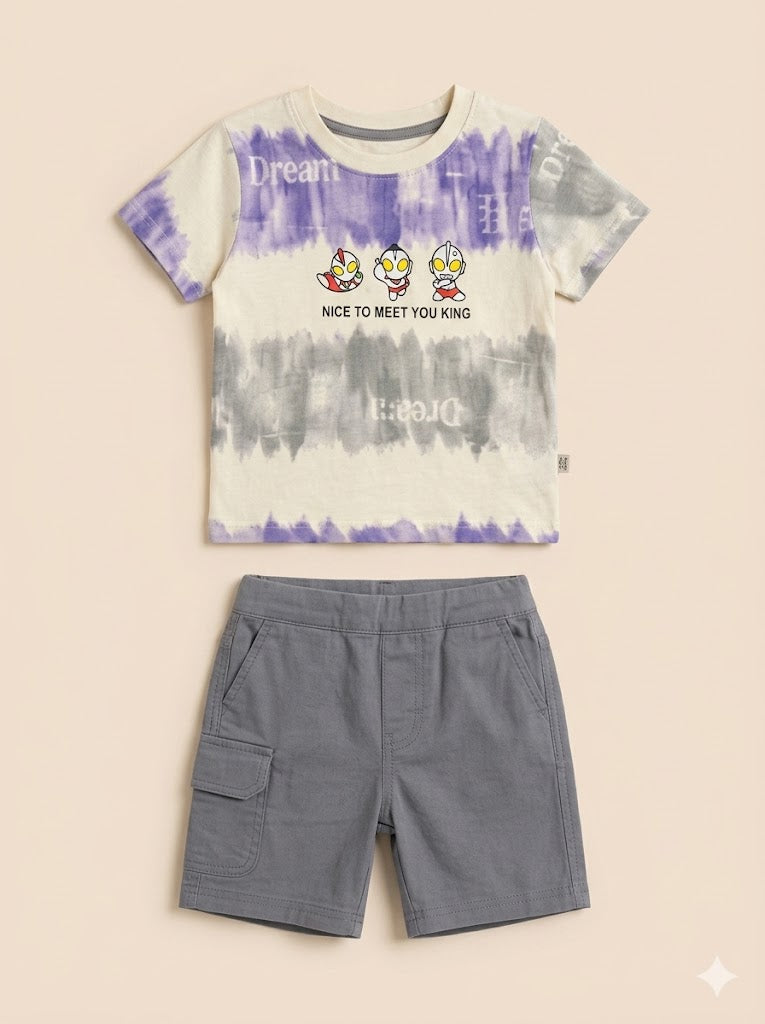 Boys Printed T-Shirt & Grey Shorts Set – Casual Cotton Summer Outfit
