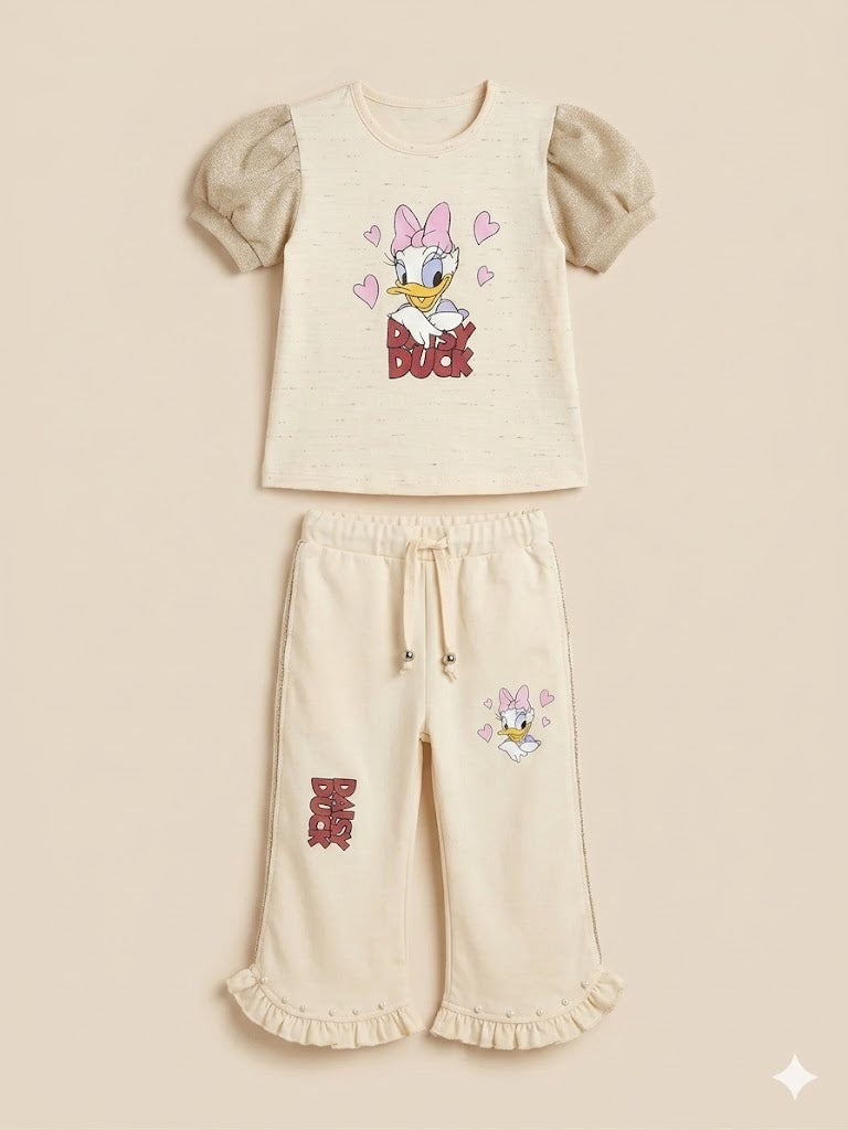 Girls Cream Cartoon Graphic T-Shirt & Trousers Set – Casual Cotton Outfit