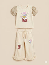 Girls Cream Cartoon Graphic T-Shirt & Trousers Set – Casual Cotton Outfit