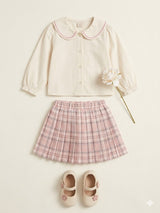 Girls Ribbed Top & Plaid Skirt Set – Elegant Cotton Outfit (Cream & Pink)