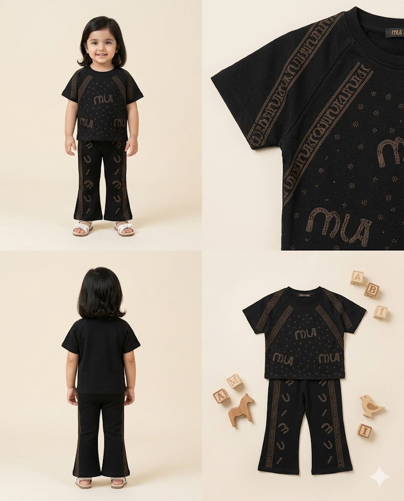 Girls  T-Shirt & Printed Pants Set – Black 2-Piece Outfit