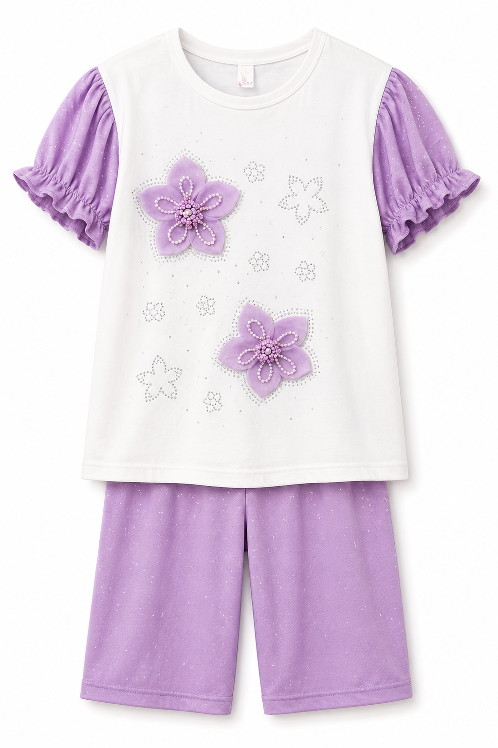 Girls Lavender Floral Summer Co-ord Set – Puff Sleeve Top & Shorts