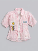 Girls Pink Tie-Dye Embellished Puff Sleeve Shirt with Inner Tee Set