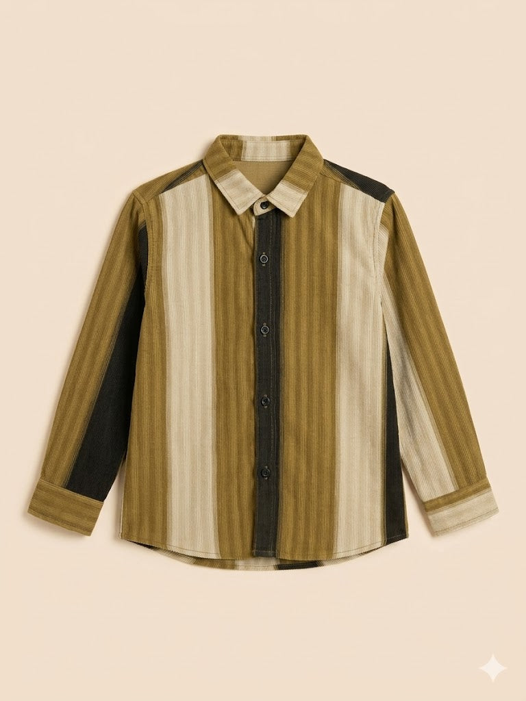 Boys Mustard & Black Striped Casual Shirt – Long Sleeve Stylish Kids Shirt