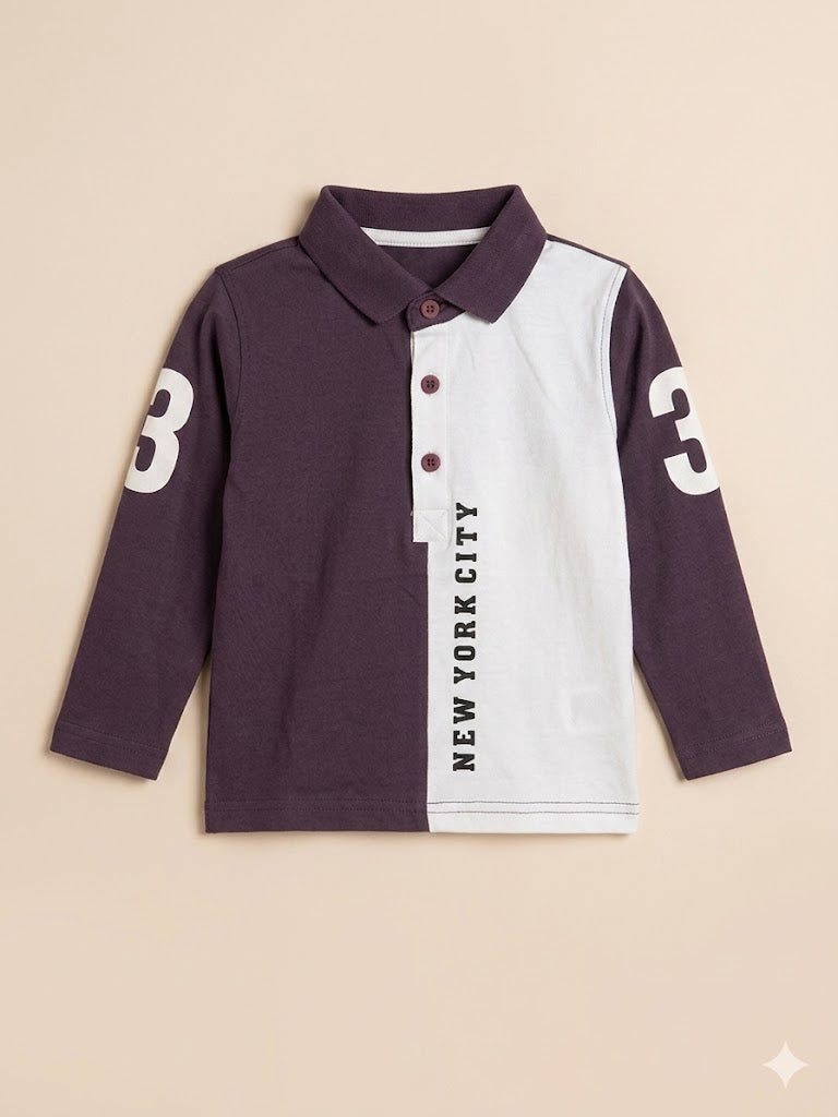 Boys Purple & White Color Block Polo T-Shirt – Casual Cotton Long Sleeve Top