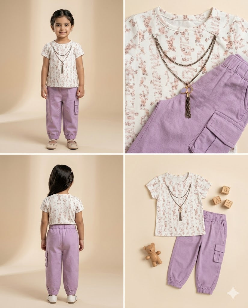 Girls Floral Printed Top & Lilac Pants Set – Elegant Summer Style