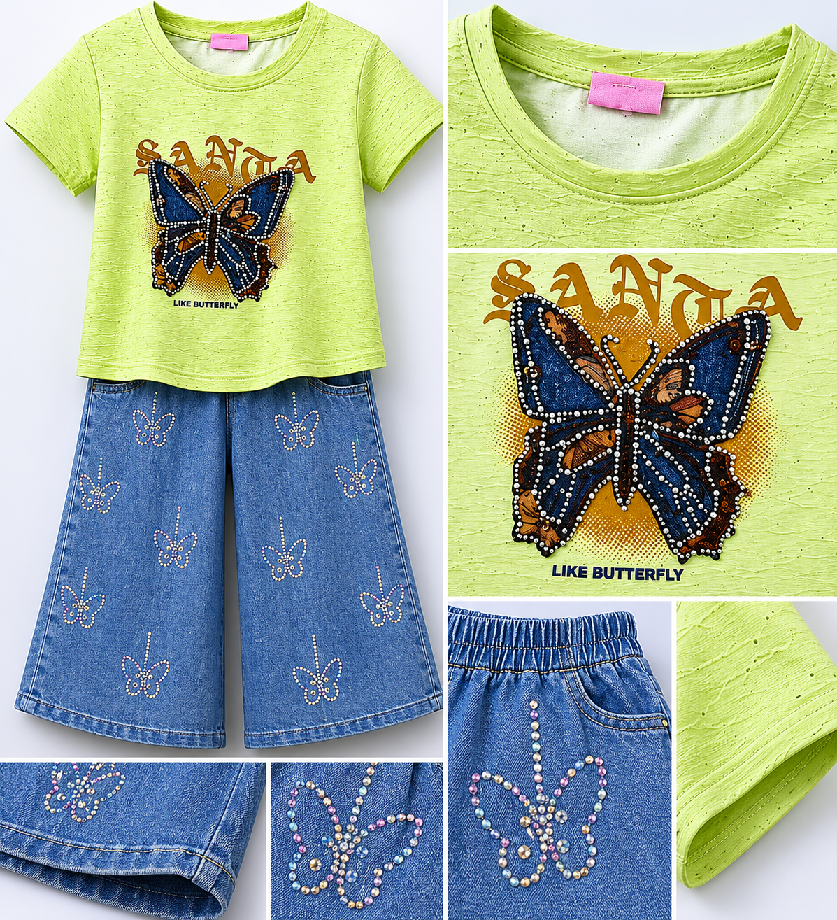 Girls Butterfly Graphic Co-ord Set – Printed T-Shirt & Denim Culotte Pants