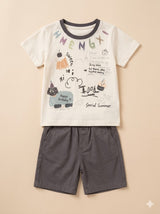 Boys Cream Printed T-Shirt & Shorts Set – Casual Cotton Summer Outfit