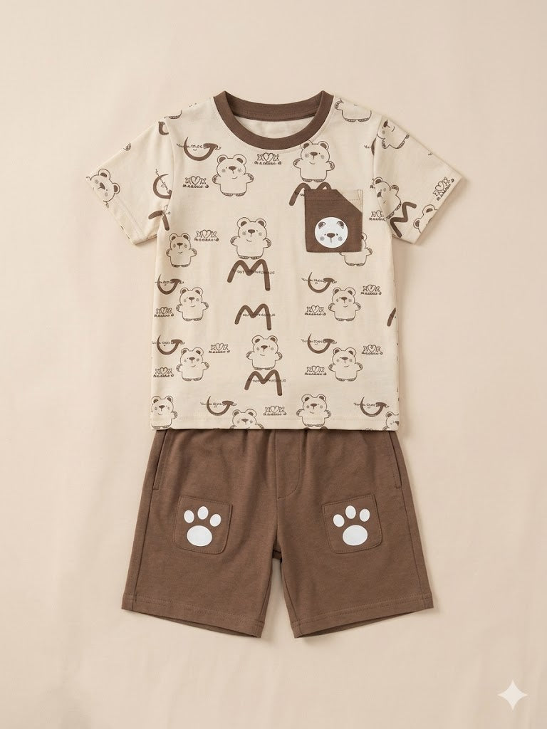 Boys Cream Printed T-Shirt & Brown Shorts Set – Casual Cotton Summer Outfit
