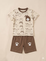 Boys Cream Printed T-Shirt & Brown Shorts Set – Casual Cotton Summer Outfit