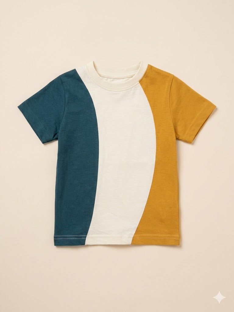 Boys Multi-Color Panel T-Shirt – Casual Cotton Short Sleeve Top