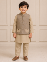 Boys Beige Waistcoat Kurta Trouser Set – Classic Formal Eastern Wear