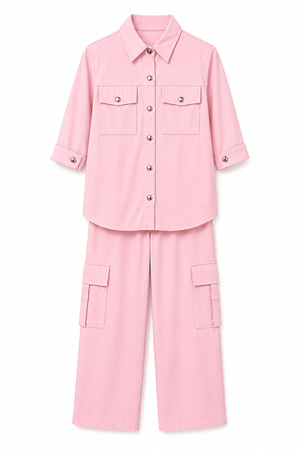 Girls Pink Cargo Co-ord Set – Button Down Shirt & Wide Leg Pants