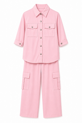 Girls Pink Cargo Co-ord Set – Button Down Shirt & Wide Leg Pants