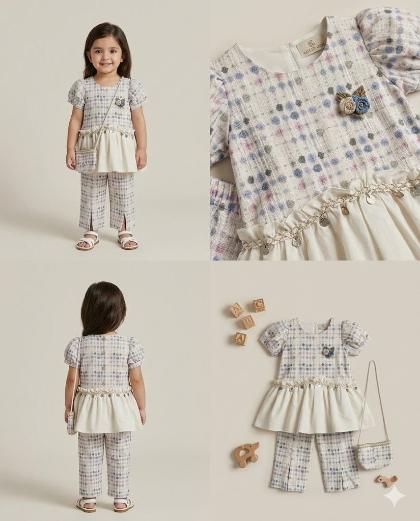 Girls Polka Dot Peplum Top & Pants Set with Mini Bag – White & Blue