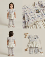 Girls Polka Dot Peplum Top & Pants Set with Mini Bag – White & Blue