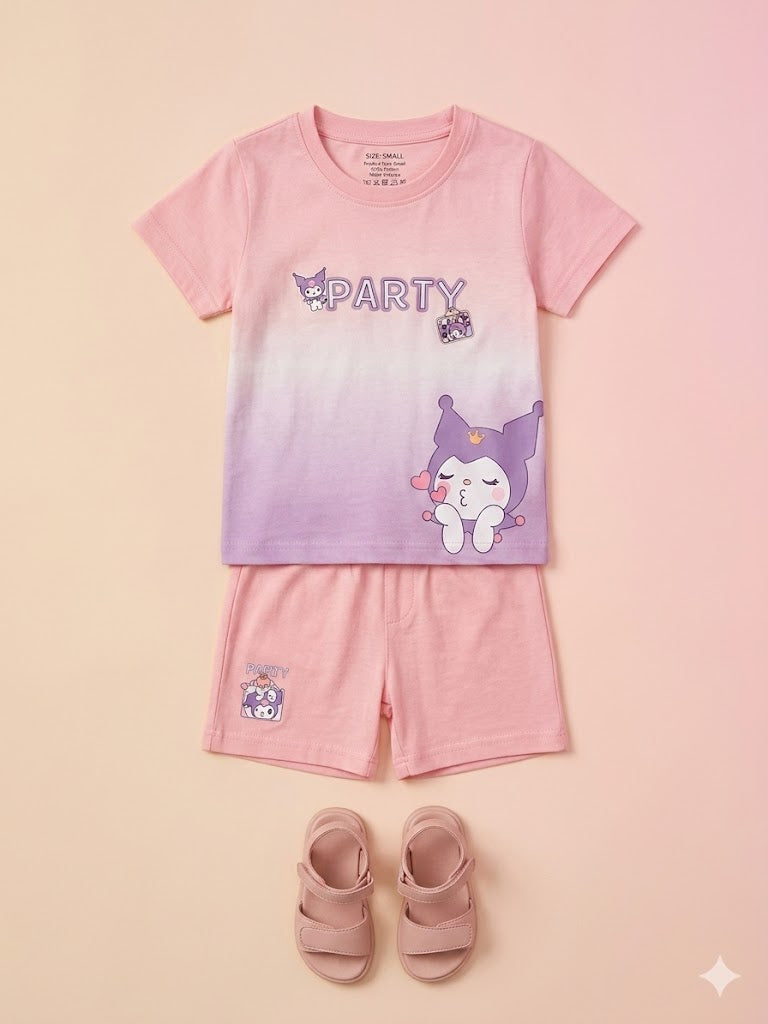 Girls Graphic T-Shirt & Shorts Set – Soft Cotton Summer Outfit (Pink)