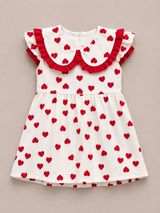Girls Red Heart Print Frill Collar Dress – Cute Kids Party Frock