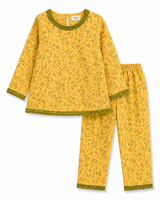 Girls Yellow Floral Printed Co-Ord Set – Kids Ethnic Casual Wear with Mini Bag