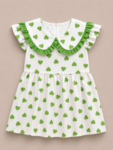 Girls Green Heart Print Frill Collar Dress – Cute Kids Casual Frock