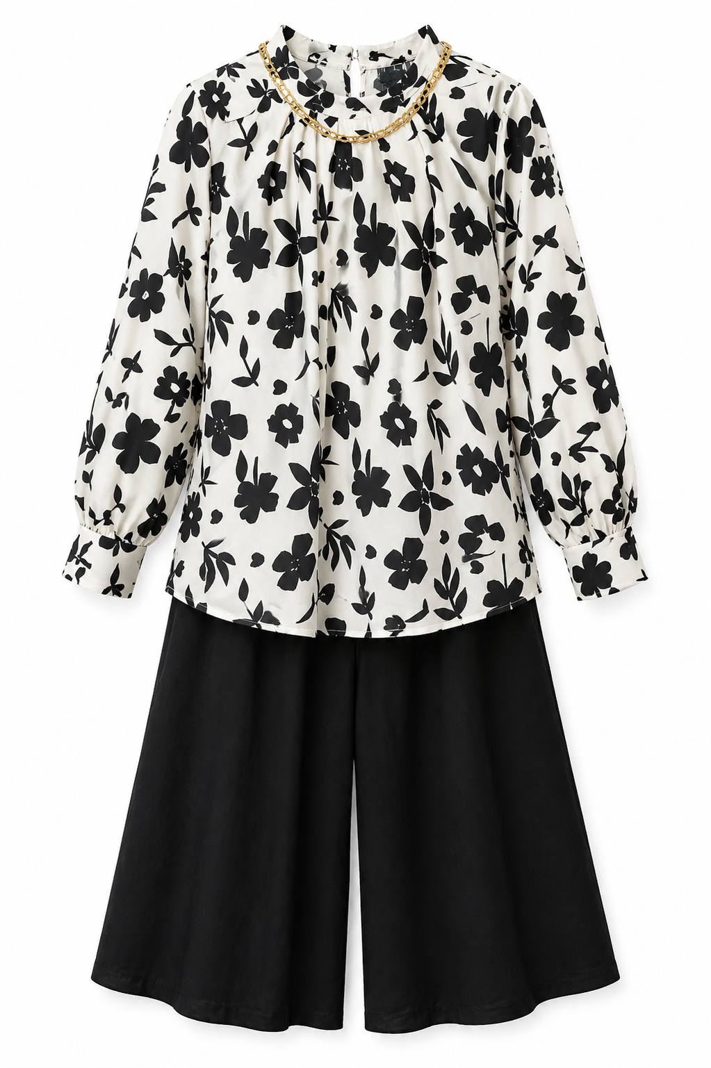Girls Black & White Floral Co-ord Set – Printed Top & Wide Leg Culotte Pants