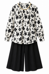 Girls Black & White Floral Co-ord Set – Printed Top & Wide Leg Culotte Pants