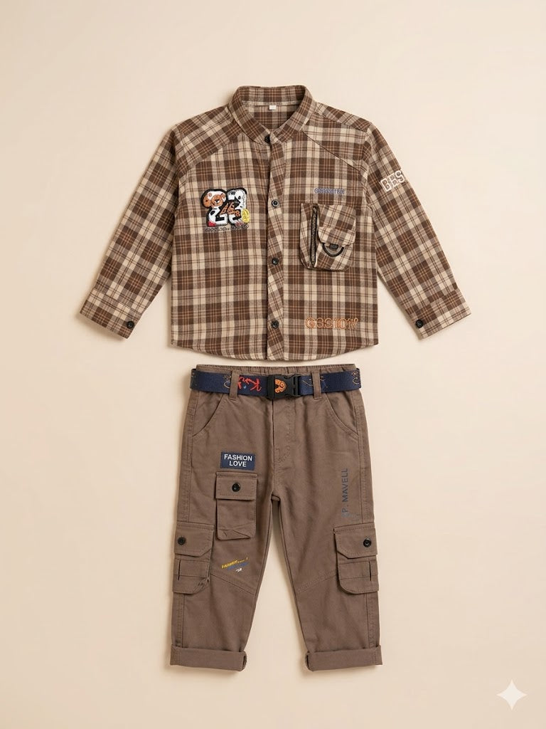 Boys Brown Checked Shirt & Trousers Set – Casual Cotton Full Outfit