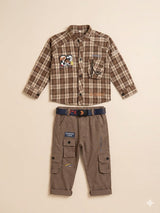 Boys Brown Checked Shirt & Trousers Set – Casual Cotton Full Outfit