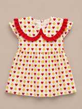 Girls Red & Yellow Heart Print Frill Collar Dress – Cute Casual Kids Frock