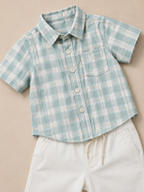 Kids Summer Check Shirt & White Pants Set – Sky Blue